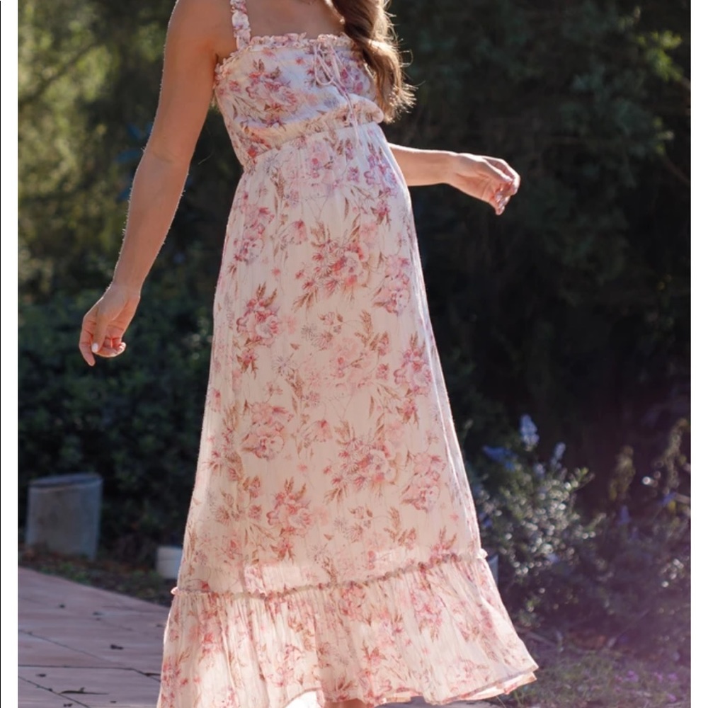 Cream Floral Shimmer Lace-Up Maternity Maxi Dress